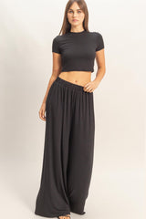 Black Short Sleeve Crop Top Wide Leg Pant Set
