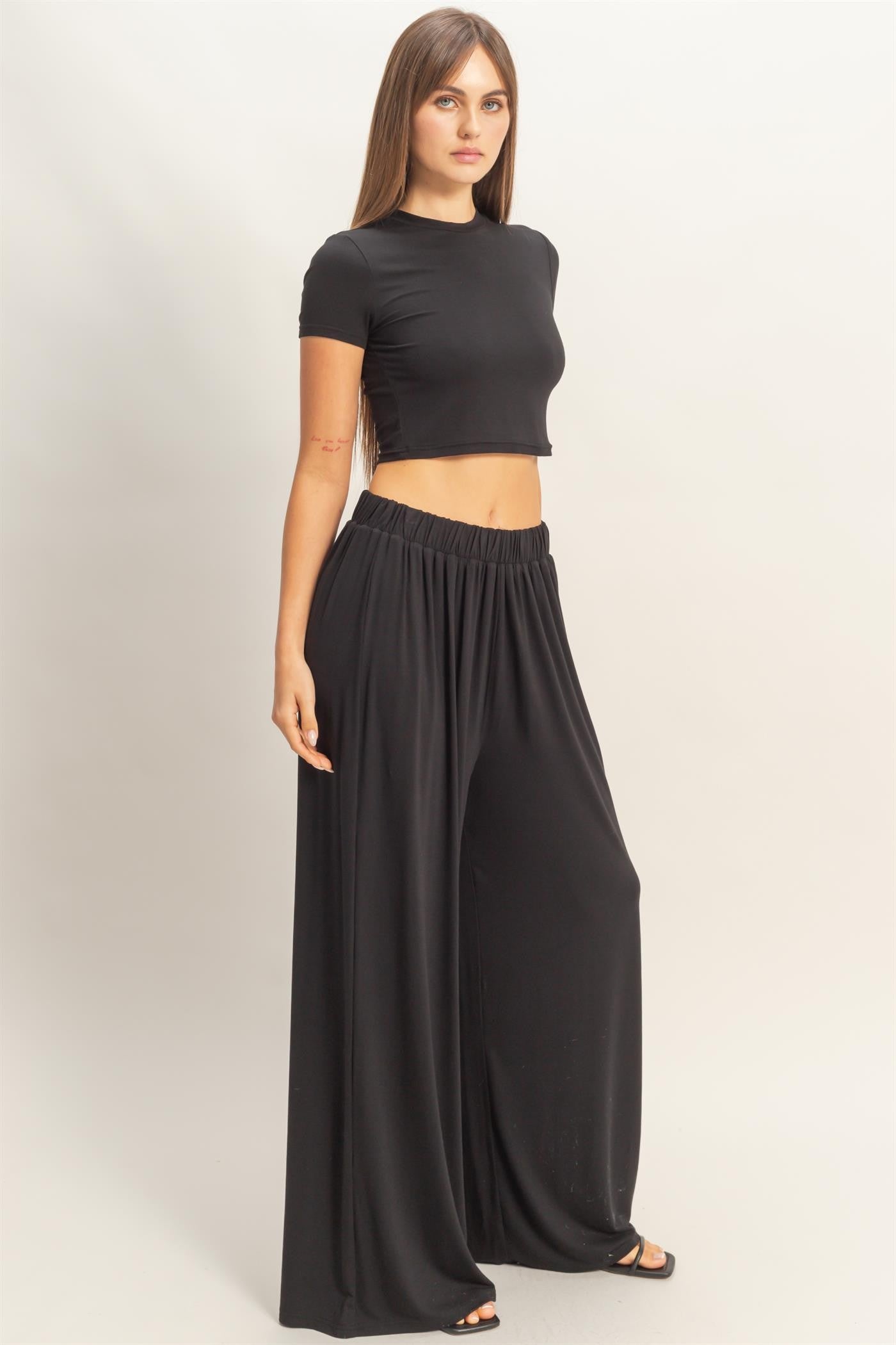 Black Short Sleeve Crop Top Wide Leg Pant Set