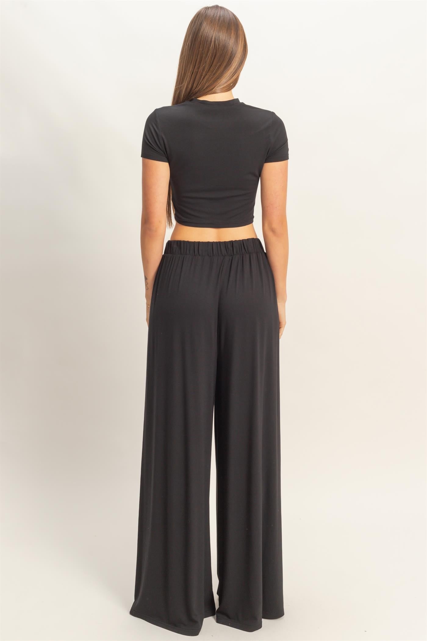 Black Short Sleeve Crop Top Wide Leg Pant Set