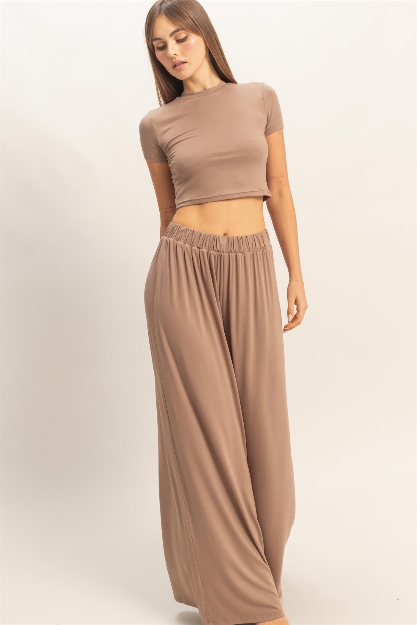 Dark Taupe Short Sleeve Crop Top Wide Leg Pant Set