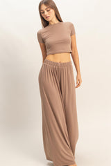 Dark Taupe Short Sleeve Crop Top Wide Leg Pant Set
