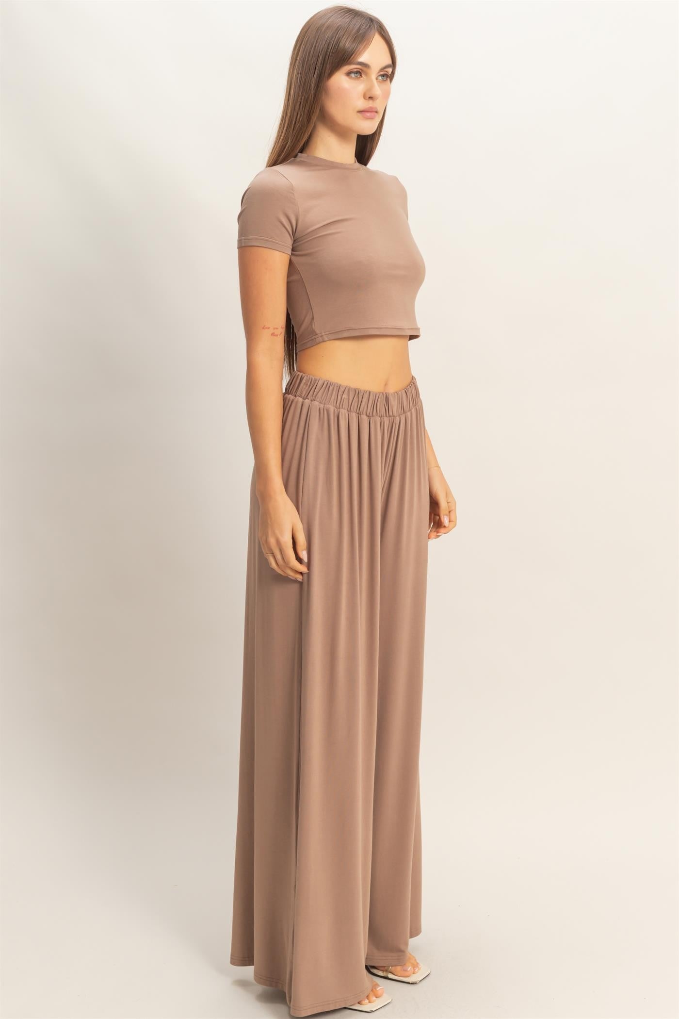 Dark Taupe Short Sleeve Crop Top Wide Leg Pant Set