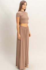 Dark Taupe Short Sleeve Crop Top Wide Leg Pant Set