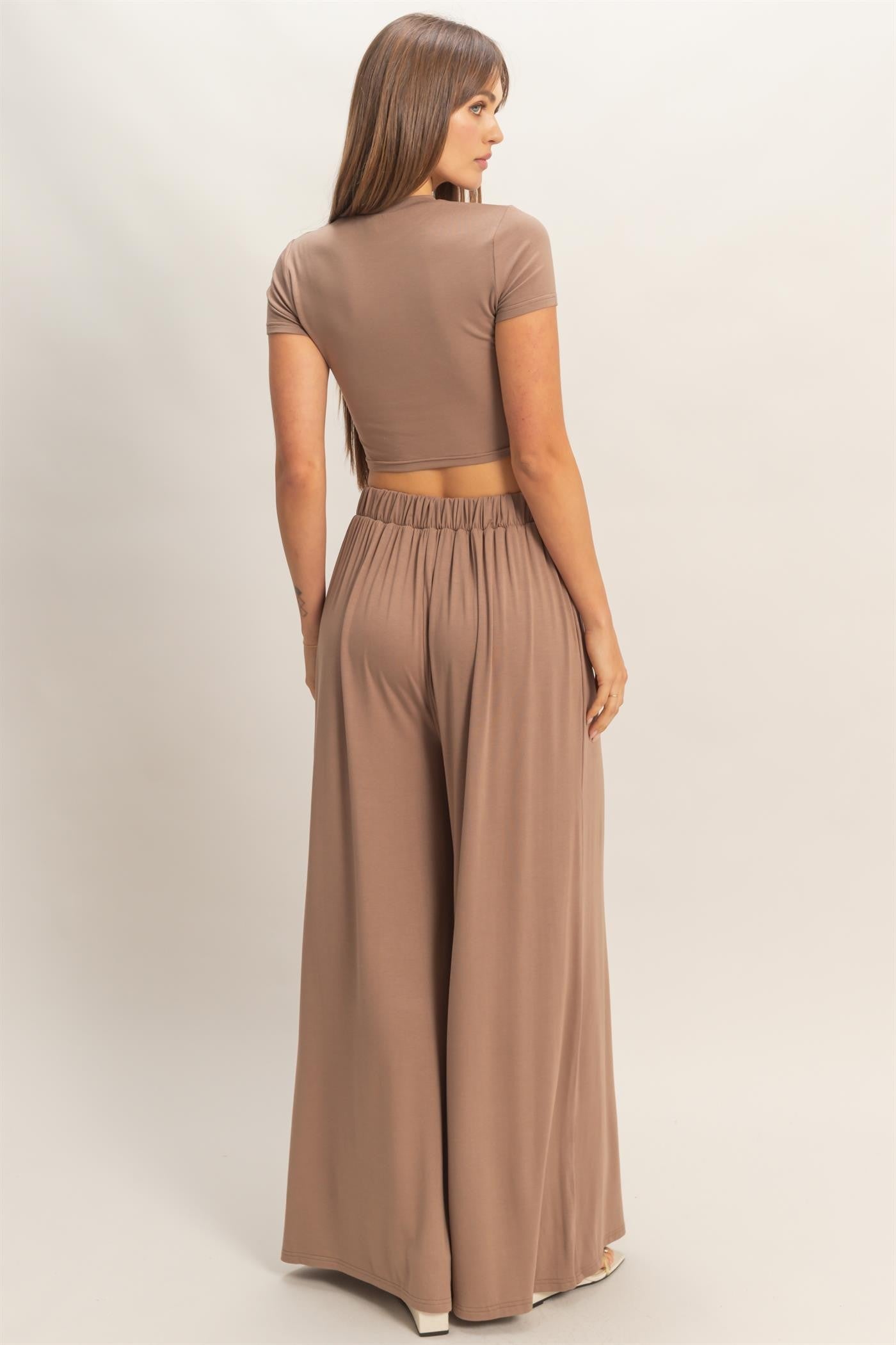 Dark Taupe Short Sleeve Crop Top Wide Leg Pant Set