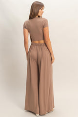 Dark Taupe Short Sleeve Crop Top Wide Leg Pant Set