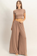 Dark Taupe Short Sleeve Crop Top Wide Leg Pant Set