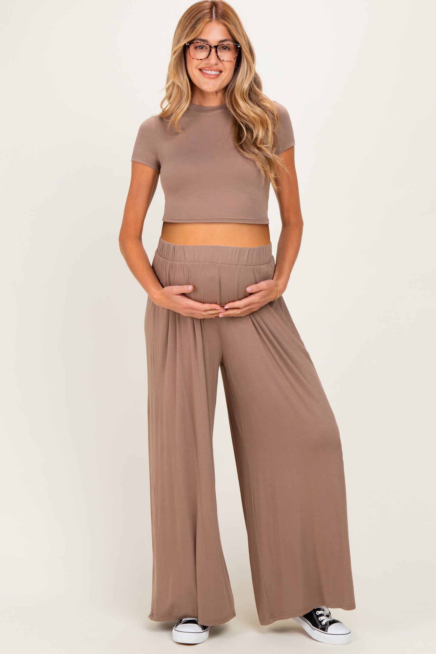 Dark Taupe Short Sleeve Crop Top Wide Leg Pant Maternity Set