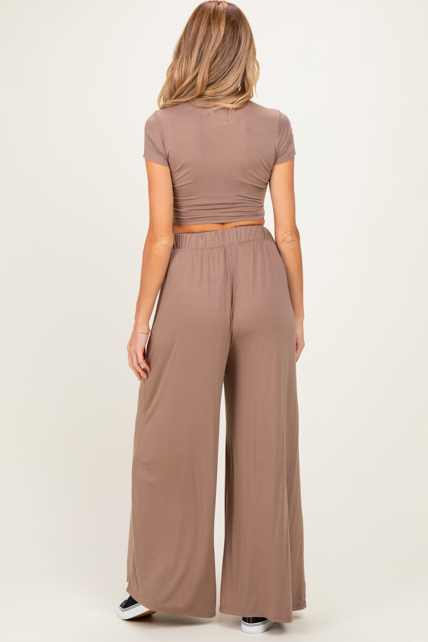 Dark Taupe Short Sleeve Crop Top Wide Leg Pant Maternity Set