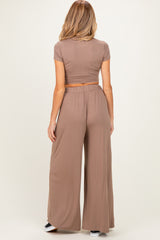 Dark Taupe Short Sleeve Crop Top Wide Leg Pant Maternity Set