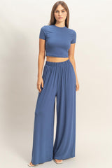 Light Navy Short Sleeve Crop Top Wide Leg Pant Maternity Set
