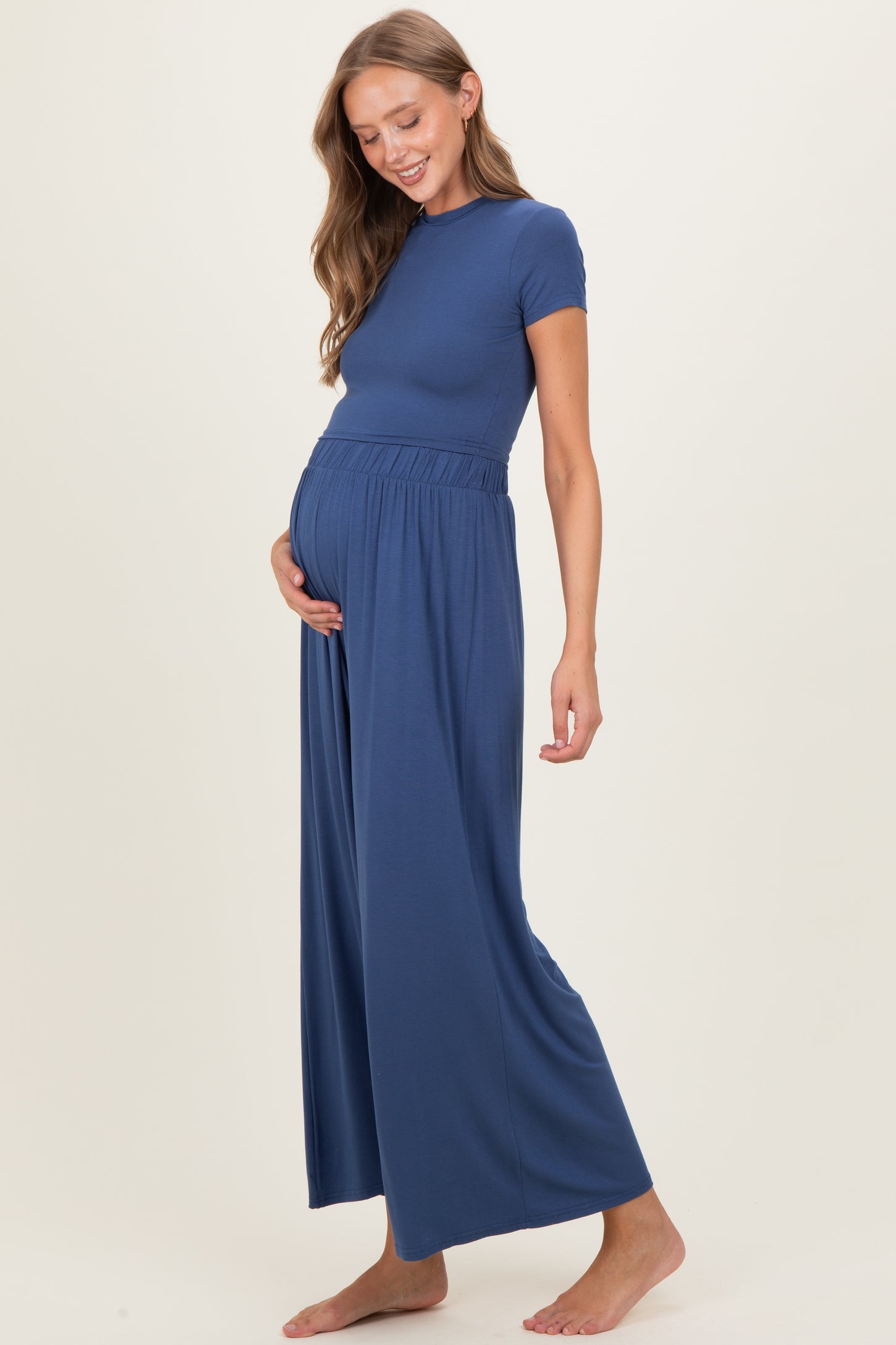 Light Navy Short Sleeve Crop Top Wide Leg Pant Maternity Set