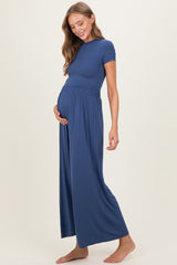 Light Navy Short Sleeve Crop Top Wide Leg Pant Maternity Set