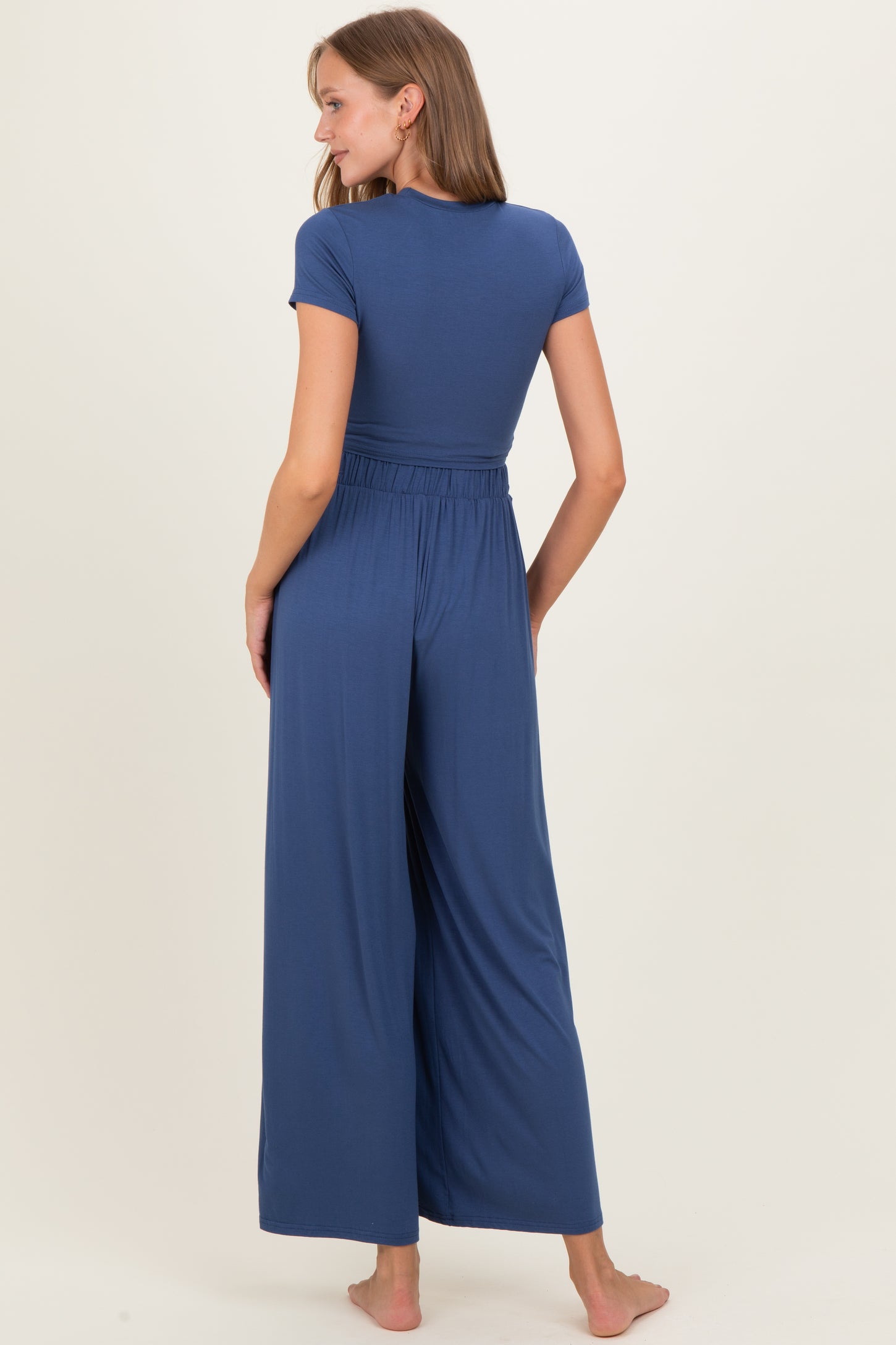Light Navy Short Sleeve Crop Top Wide Leg Pant Maternity Set