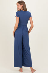 Light Navy Short Sleeve Crop Top Wide Leg Pant Maternity Set
