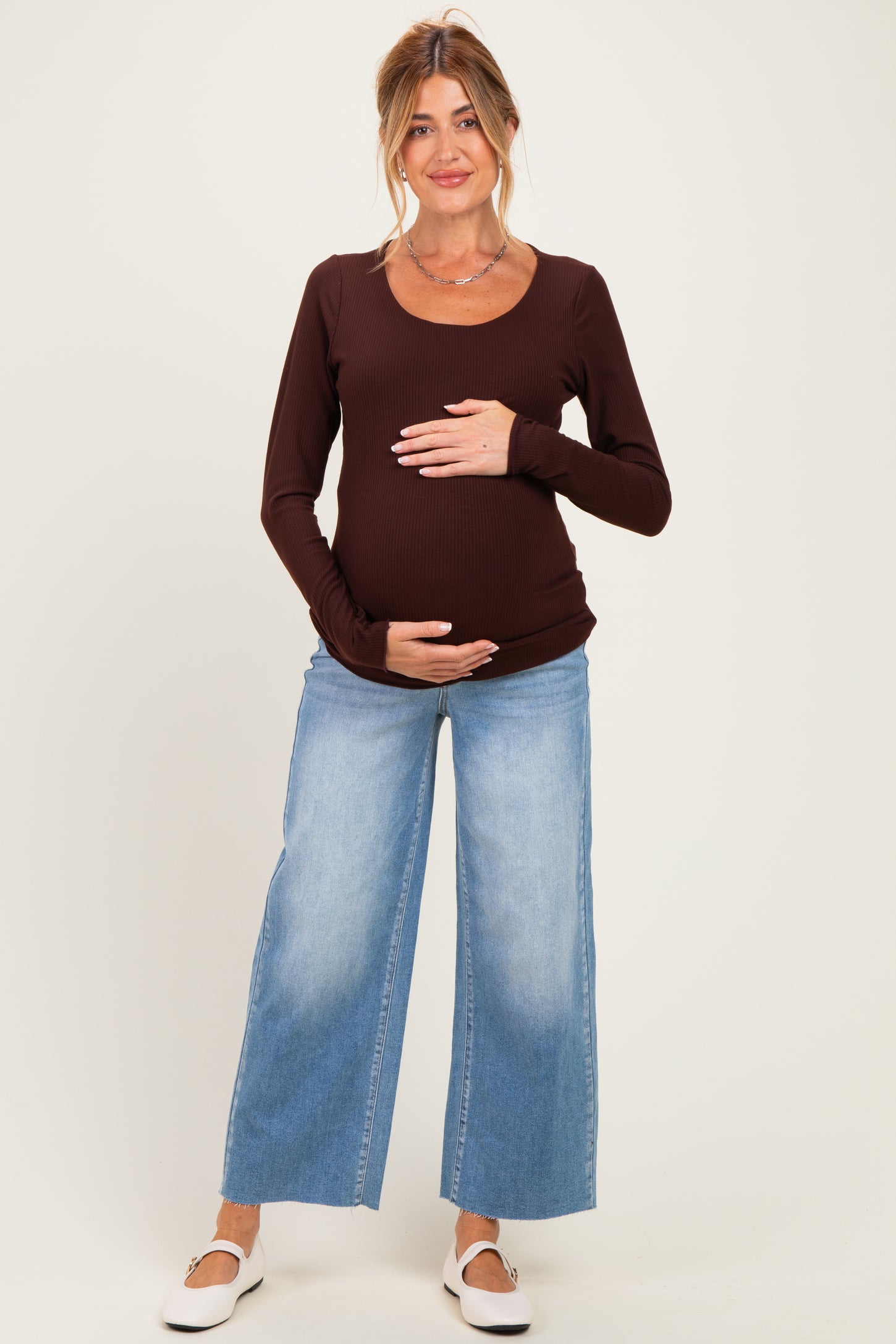 Light Wash Maternity Crop Wide Leg With Raw Hem