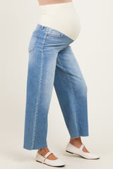 Light Wash Maternity Crop Wide Leg With Raw Hem