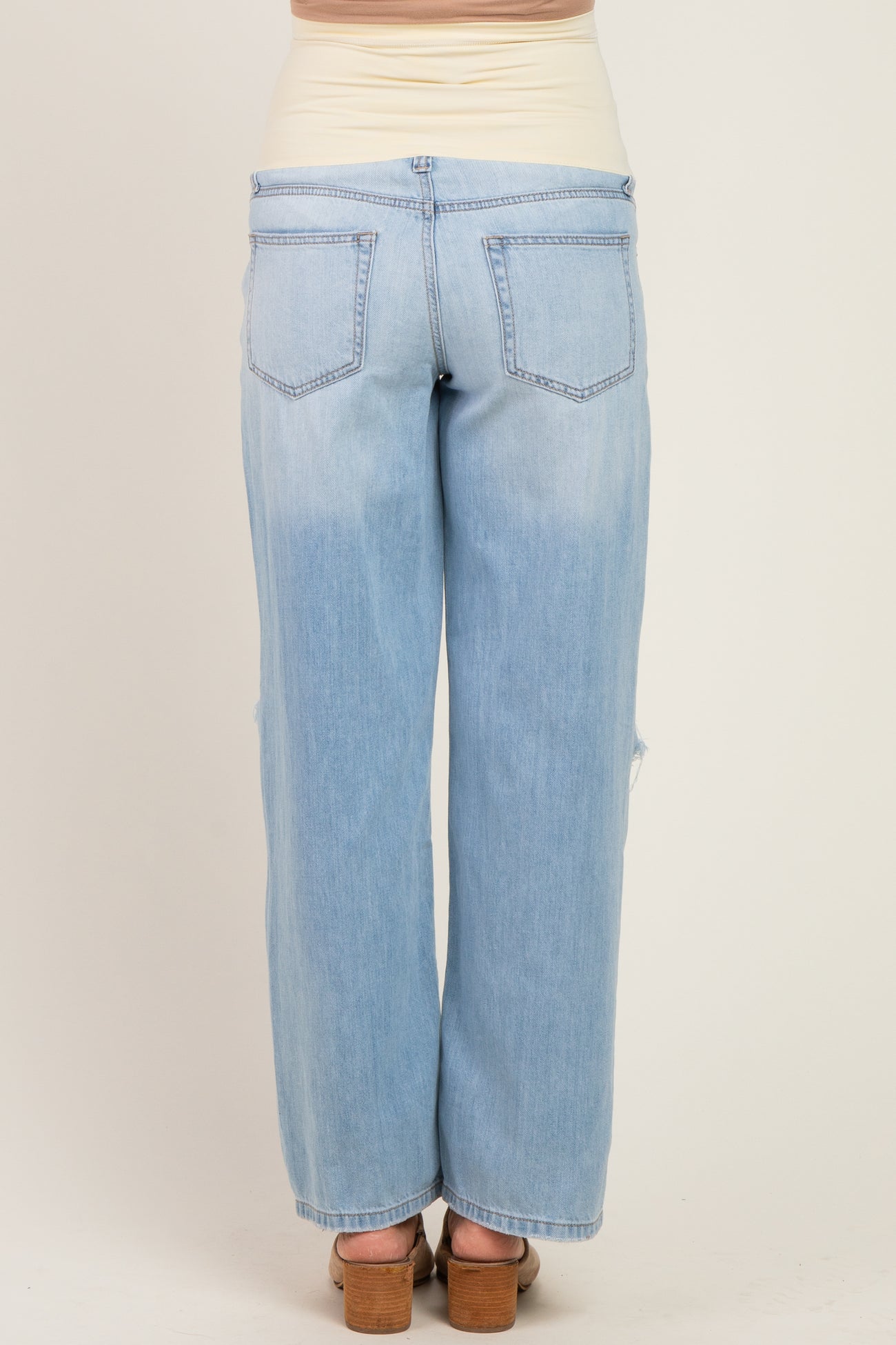 maternity wear light blue wide leg jeans with a high waist view from the back