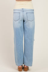maternity wear light blue wide leg jeans with a high waist view from the back