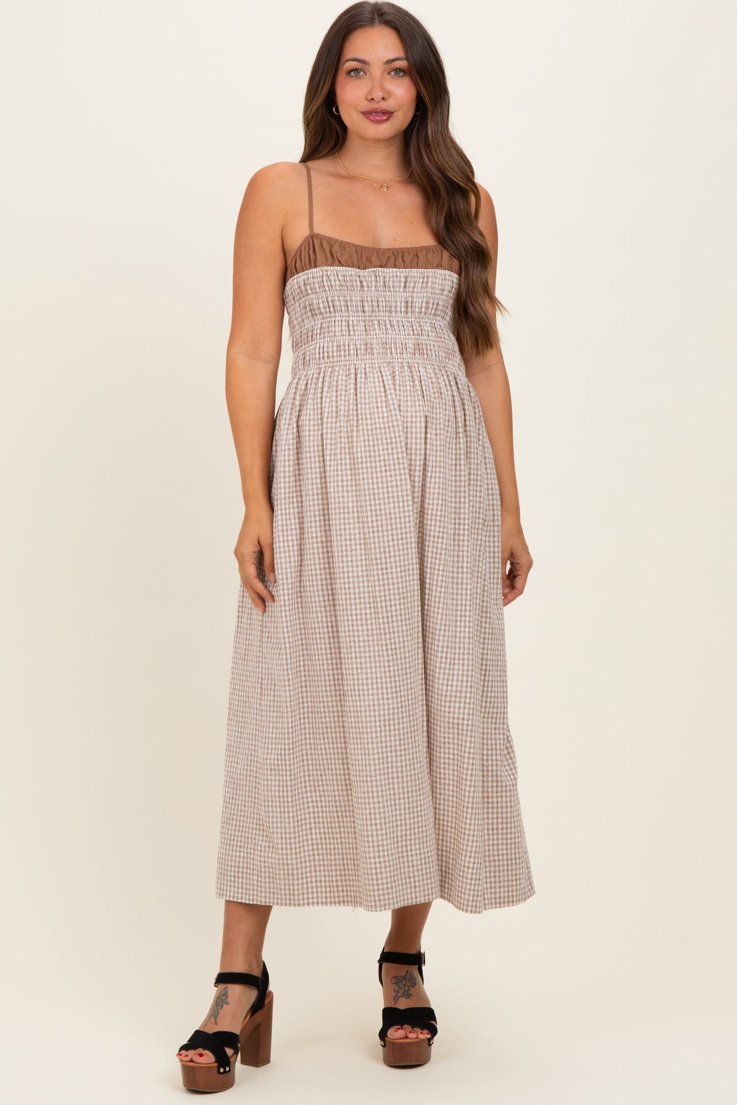 Mocha Gingham Maternity Maxi Dress
