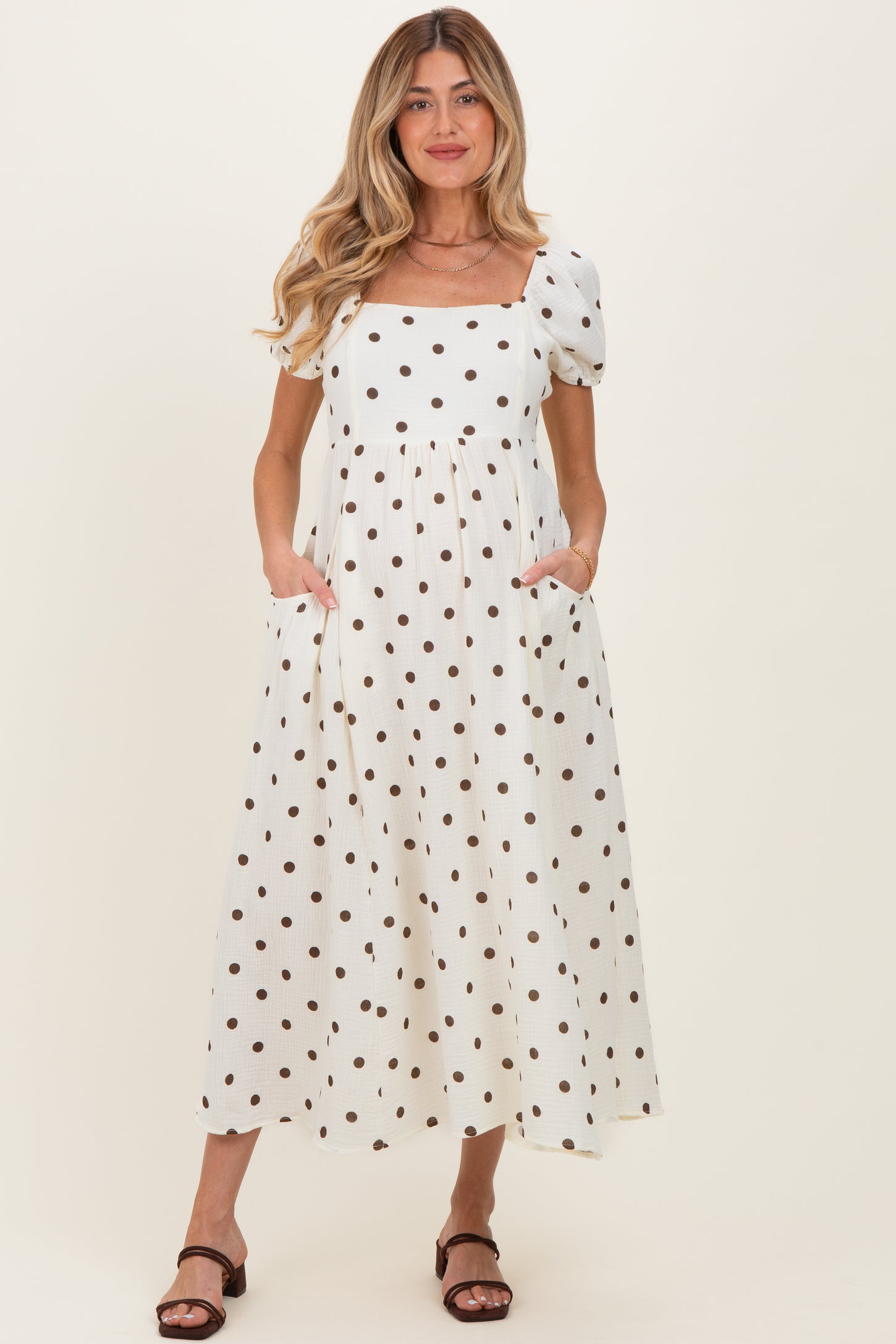 Cream Cotton Gauze Dot Print Ribbon Tie Back Maternity Midi Dress