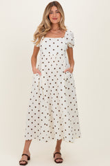 Cream Cotton Gauze Dot Print Ribbon Tie Back Maternity Midi Dress