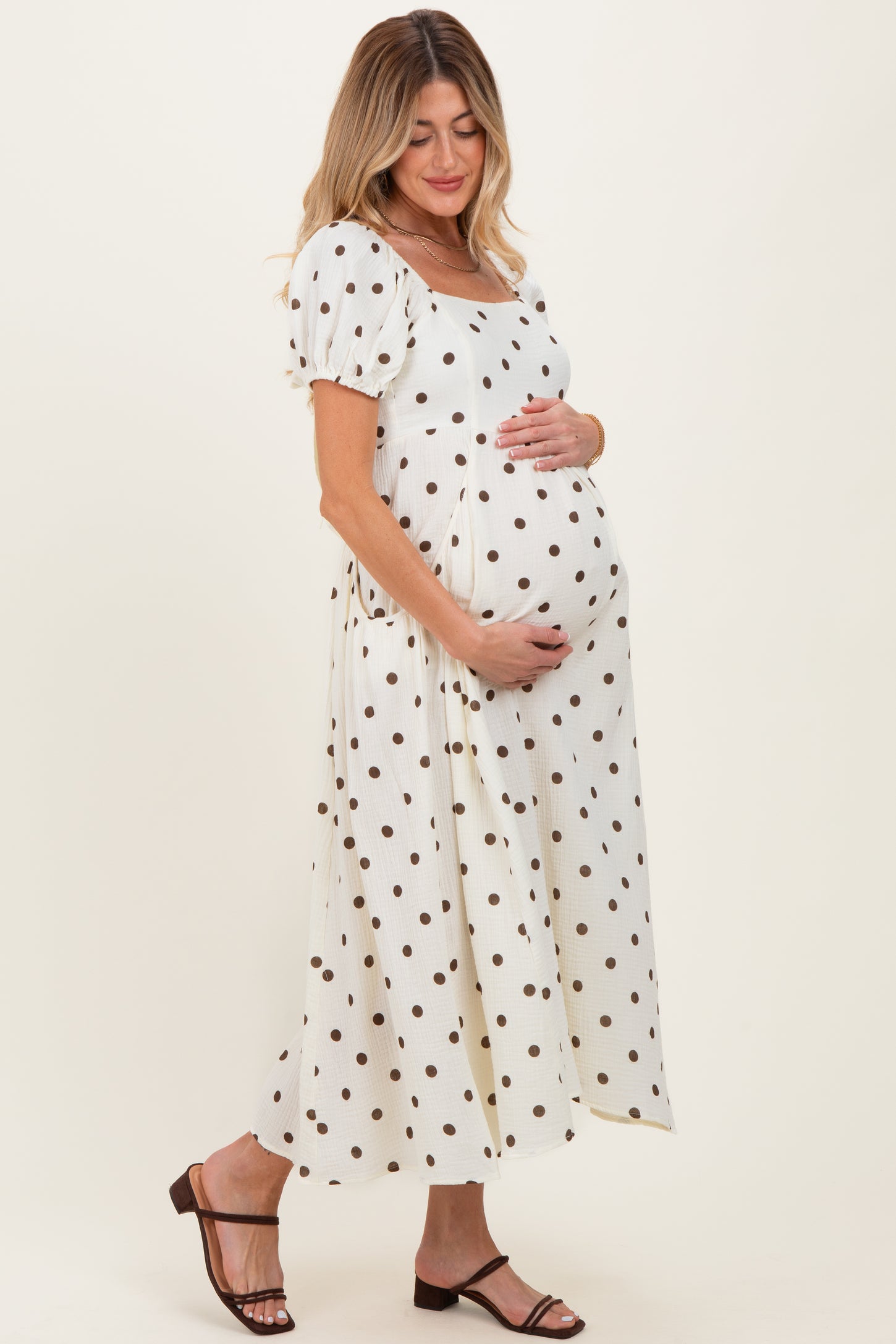 Cream Cotton Gauze Dot Print Ribbon Tie Back Maternity Midi Dress
