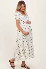 Cream Cotton Gauze Dot Print Ribbon Tie Back Maternity Midi Dress