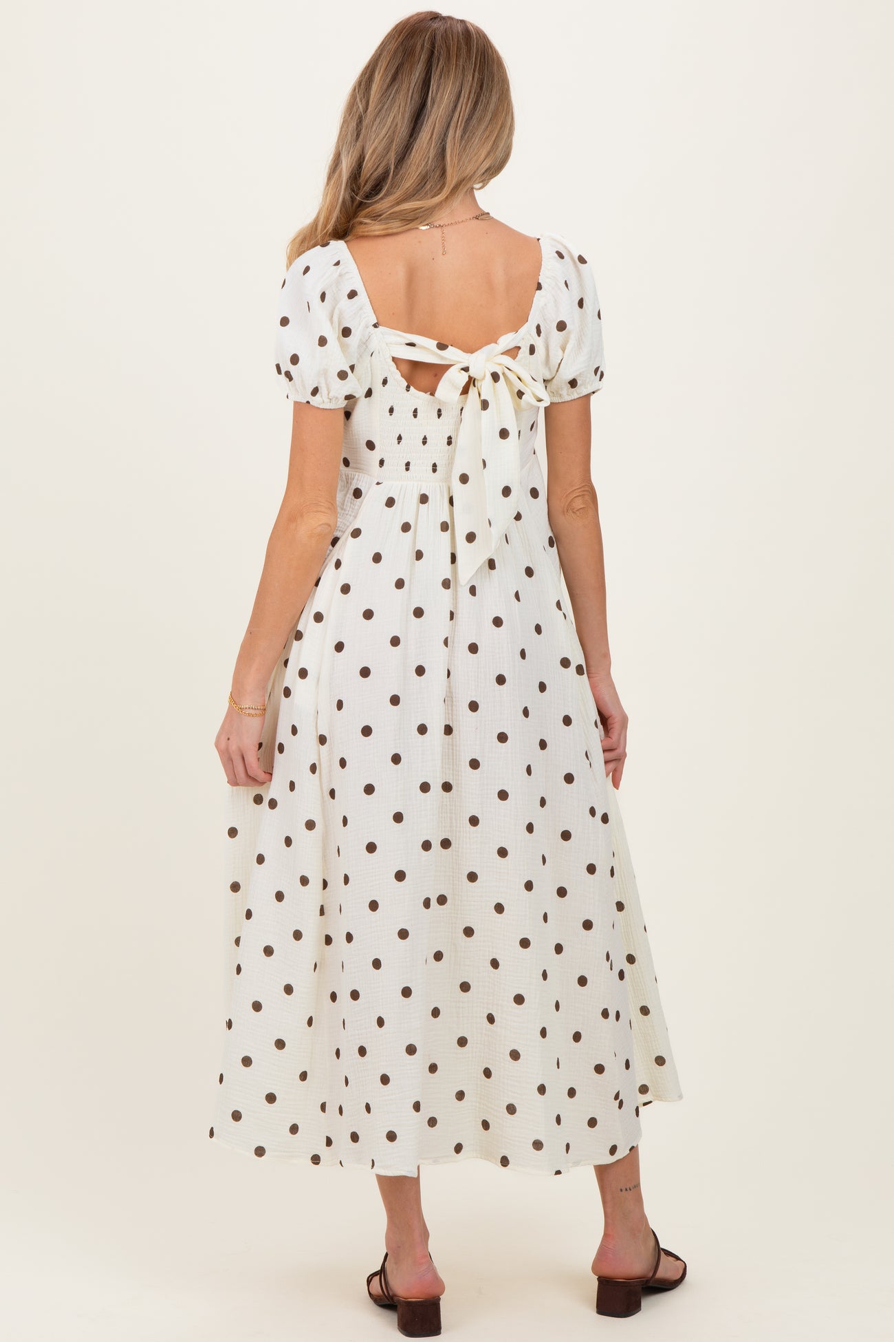 Cream Cotton Gauze Dot Print Ribbon Tie Back Maternity Midi Dress