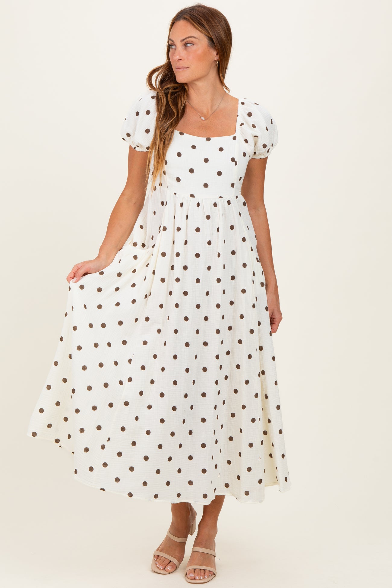 Cream Cotton Gauze Dot Print Ribbon Tie Back Midi Dress