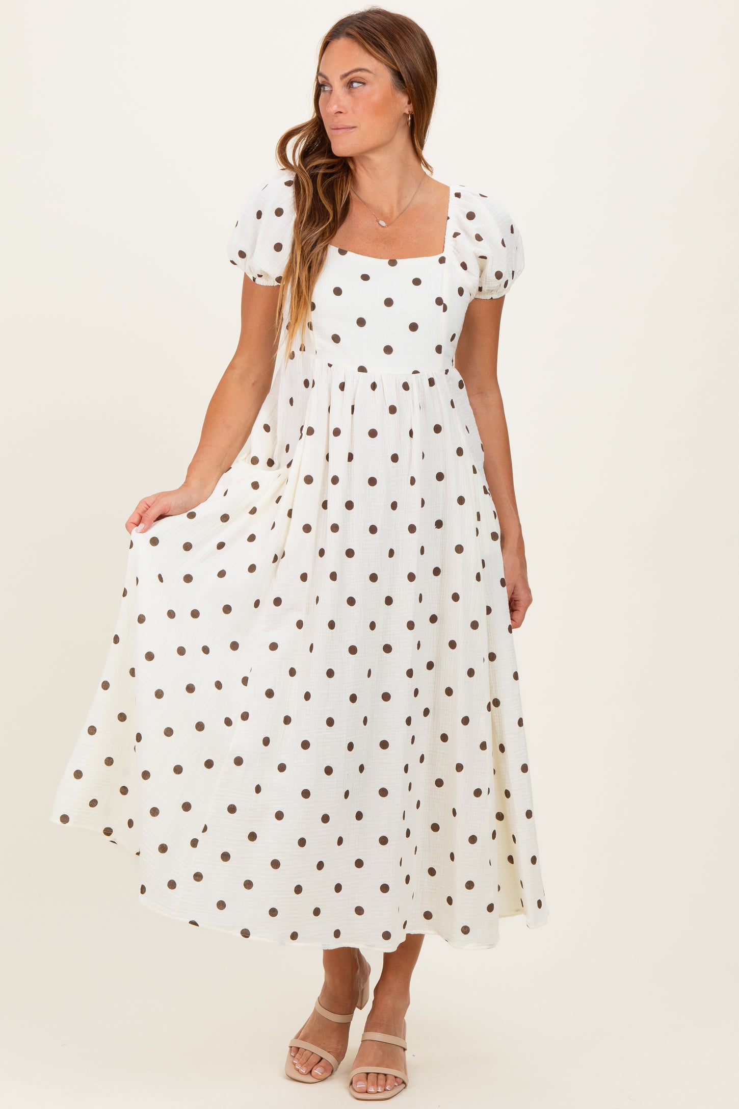 Cream Cotton Gauze Dot Print Ribbon Tie Back Midi Dress