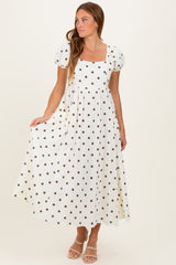 Cream Cotton Gauze Dot Print Ribbon Tie Back Midi Dress