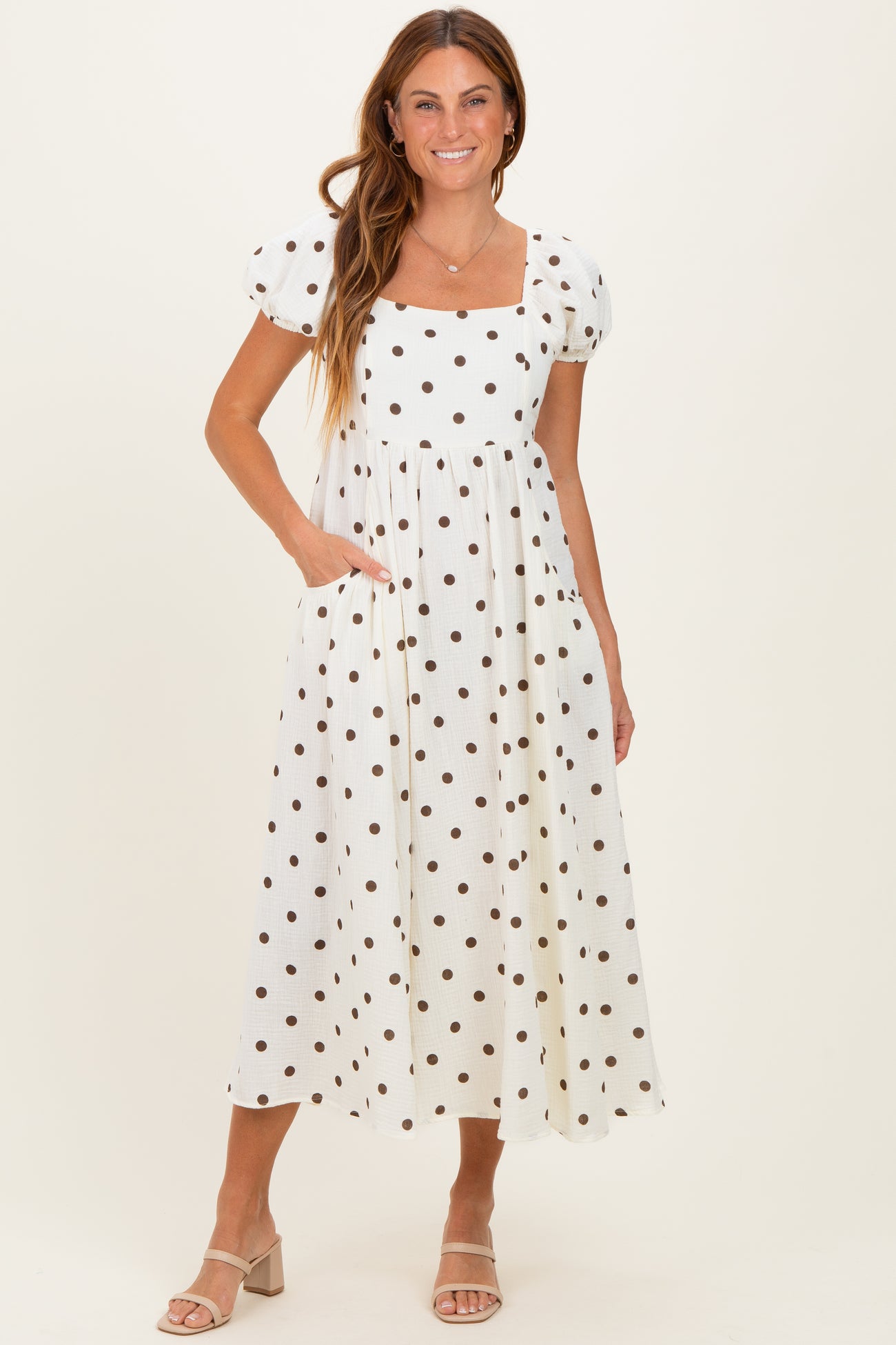 Cream Cotton Gauze Dot Print Ribbon Tie Back Maternity Midi Dress