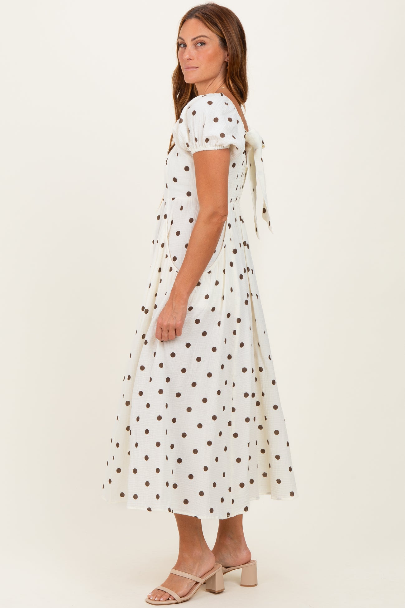 Cream Cotton Gauze Dot Print Ribbon Tie Back Midi Dress