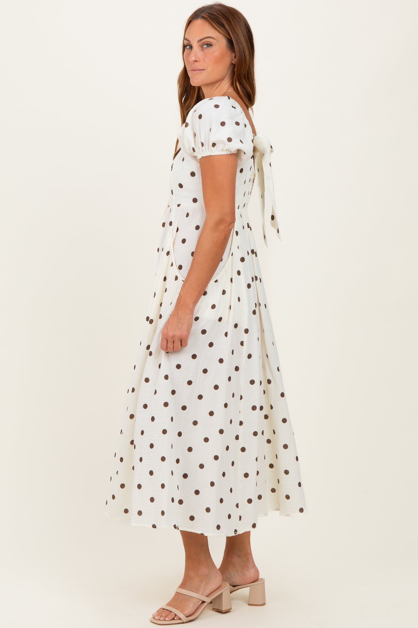 Cream Cotton Gauze Dot Print Ribbon Tie Back Midi Dress