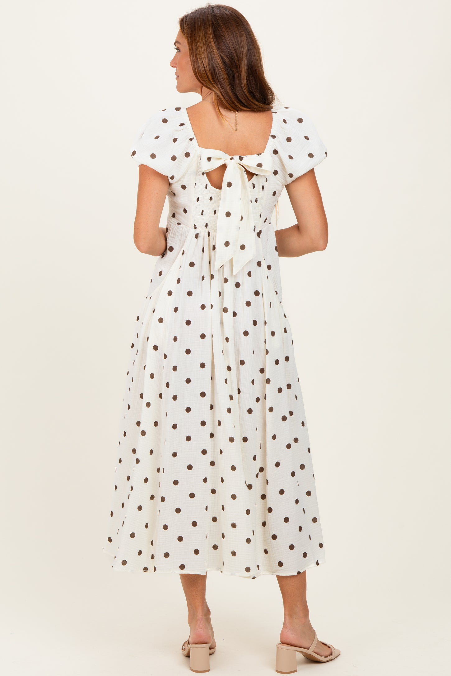 Cream Cotton Gauze Dot Print Ribbon Tie Back Midi Dress