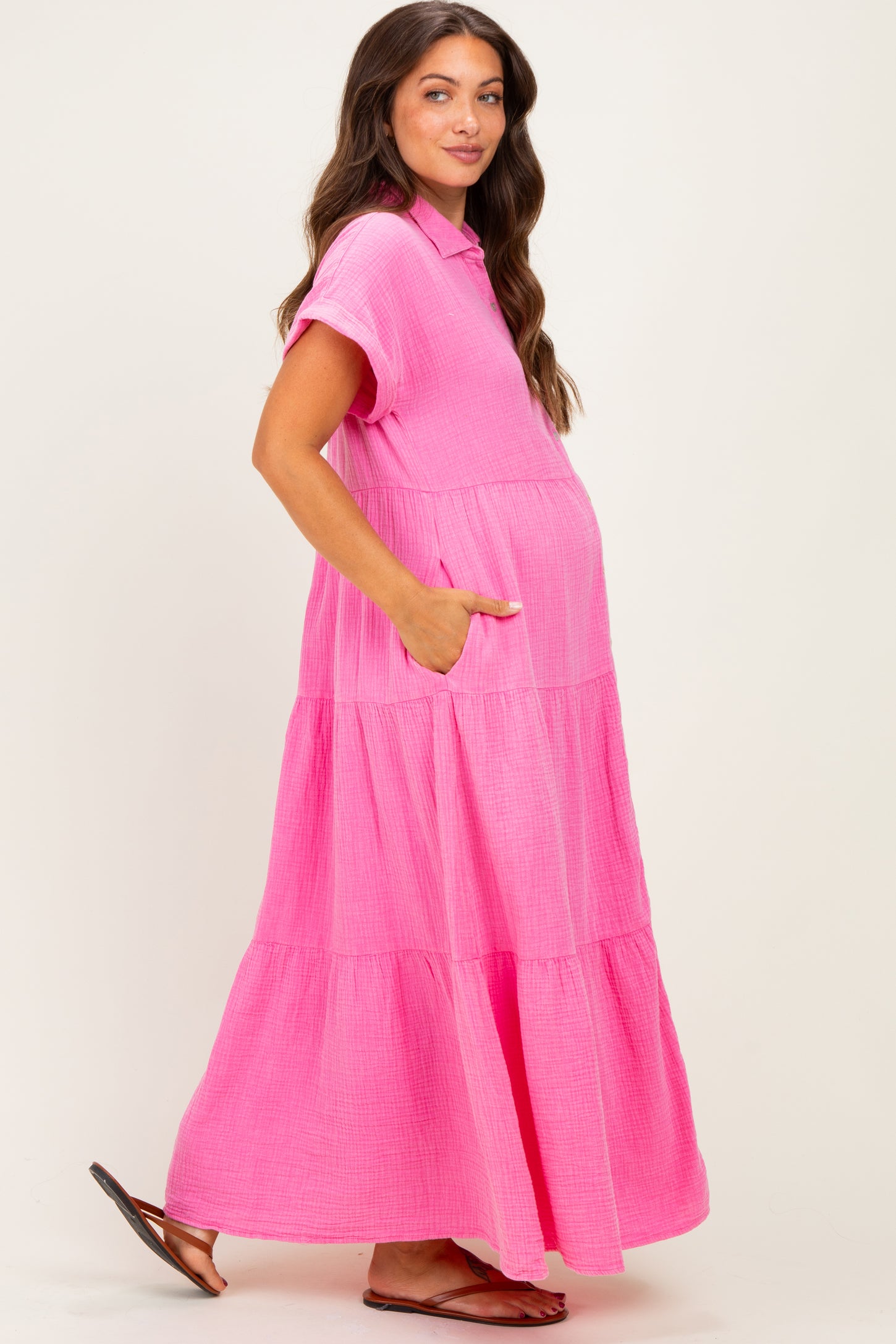 Bubble Gum Pink Breezy Mineral-Washed Gauze Maternity Maxi Shirt Dress