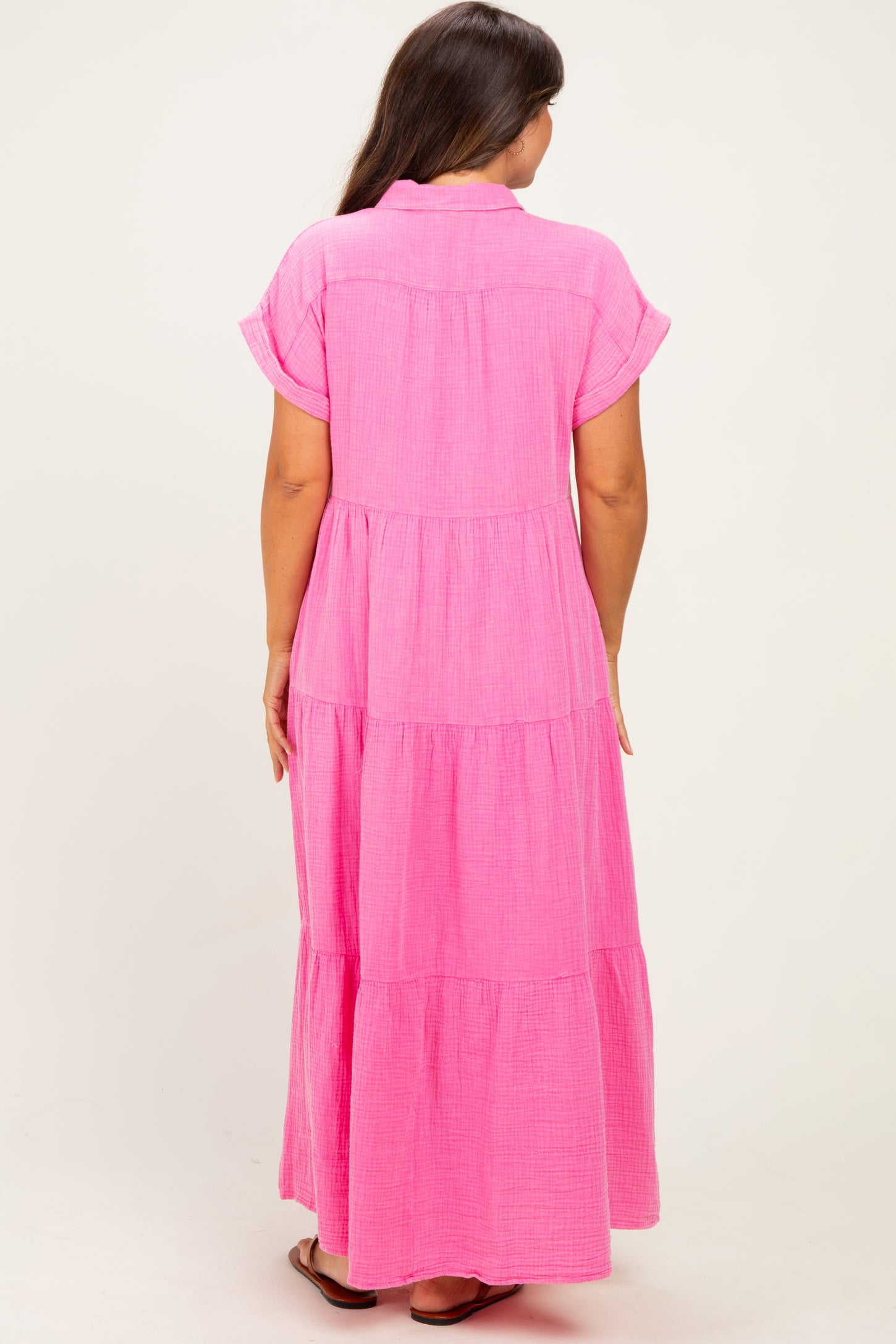 Bubble Gum Pink Breezy Mineral-Washed Gauze Maternity Maxi Shirt Dress