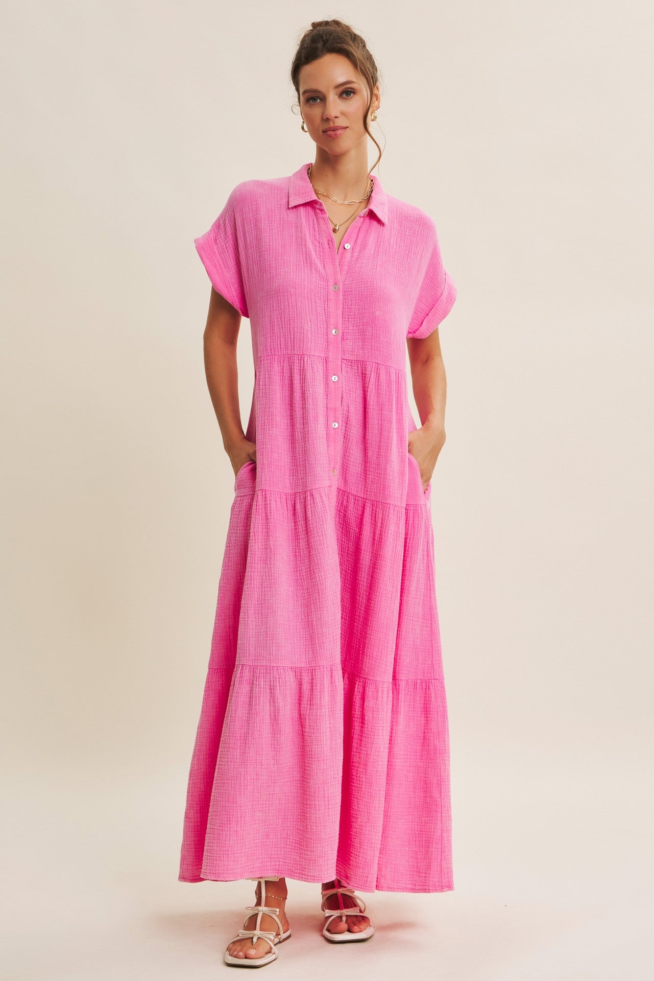 Bubble Gum Pink Breezy Mineral-Washed Gauze Maxi Shirt Dress