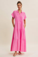Bubble Gum Pink Breezy Mineral-Washed Gauze Maxi Shirt Dress