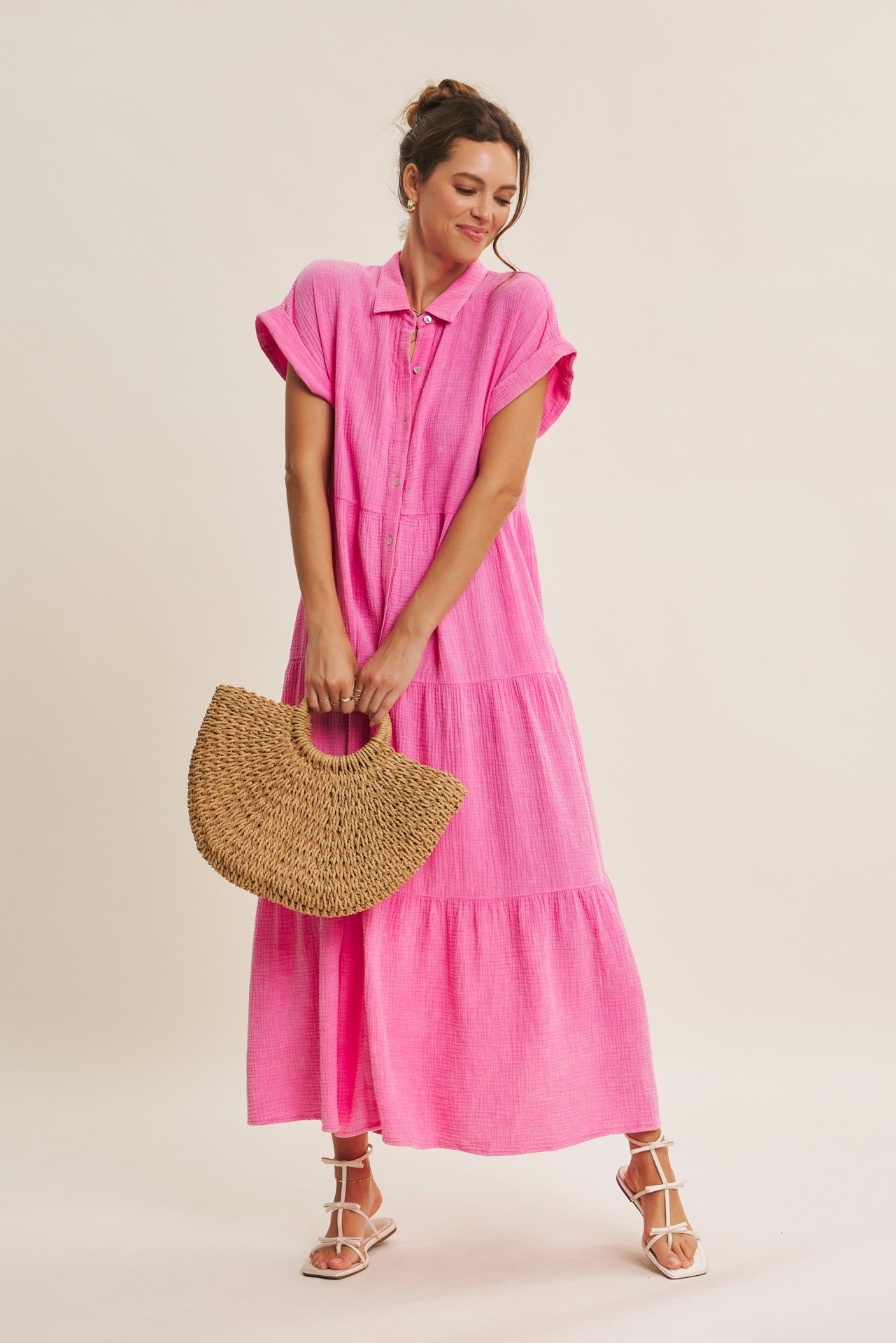 Bubble Gum Pink Breezy Mineral-Washed Gauze Maxi Shirt Dress
