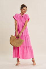 Bubble Gum Pink Breezy Mineral-Washed Gauze Maxi Shirt Dress