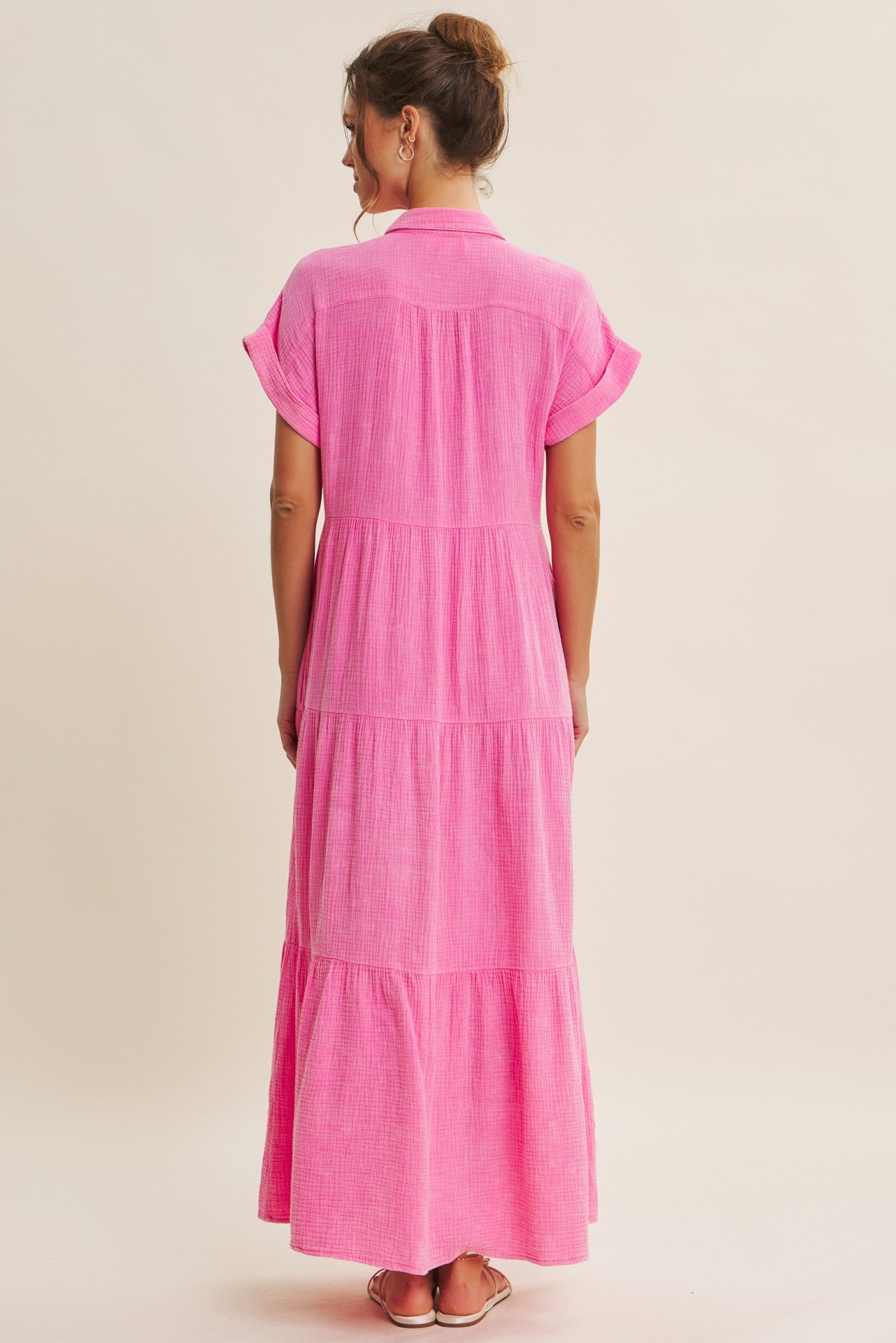 Bubble Gum Pink Breezy Mineral-Washed Gauze Maxi Shirt Dress