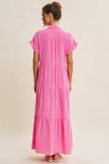Bubble Gum Pink Breezy Mineral-Washed Gauze Maxi Shirt Dress