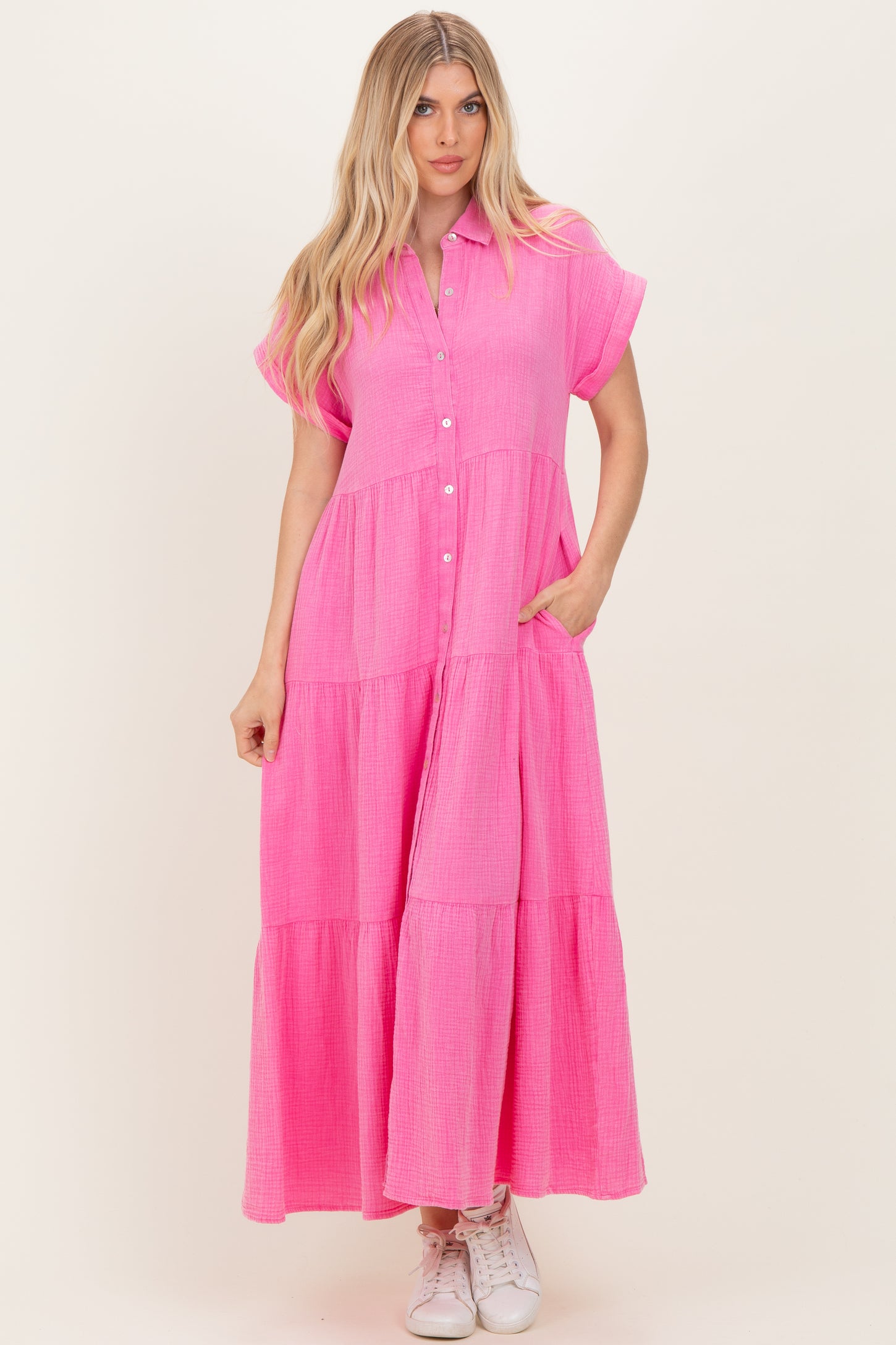 Bubble Gum Pink Breezy Mineral-Washed Gauze Maxi Shirt Dress