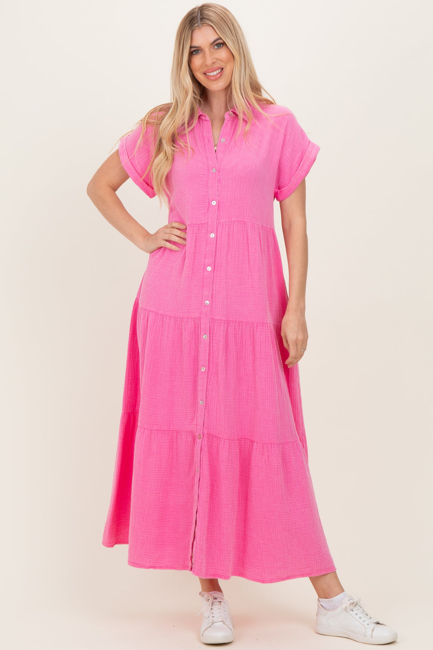 Bubble Gum Pink Breezy Mineral-Washed Gauze Maternity Maxi Shirt Dress