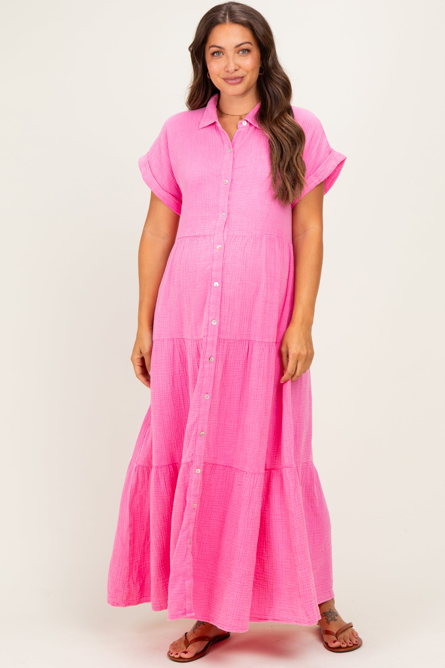 Bubble Gum Pink Breezy Mineral-Washed Gauze Maternity Maxi Shirt Dress