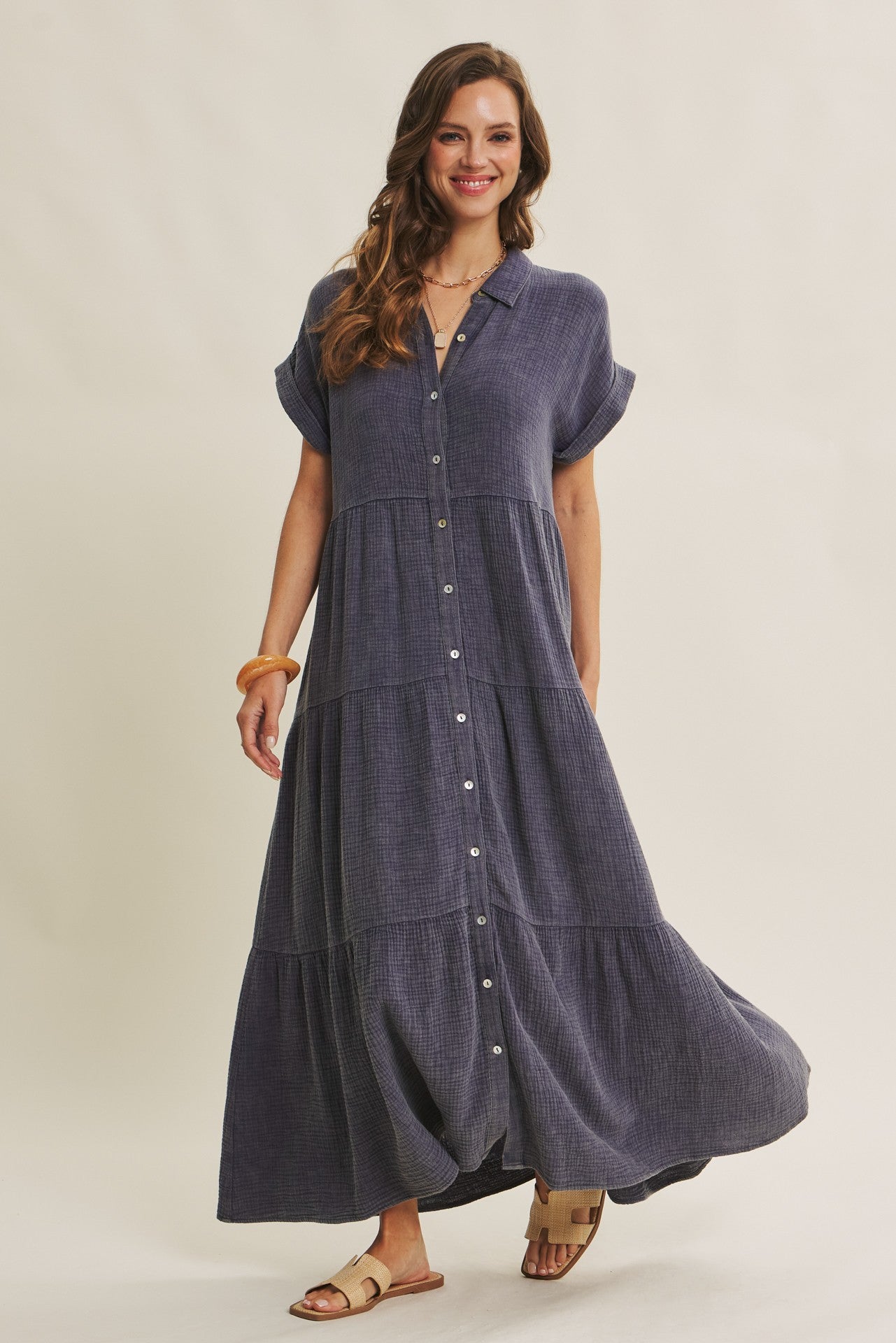 Navy Breezy Mineral-Washed Gauze Maxi Shirt Dress