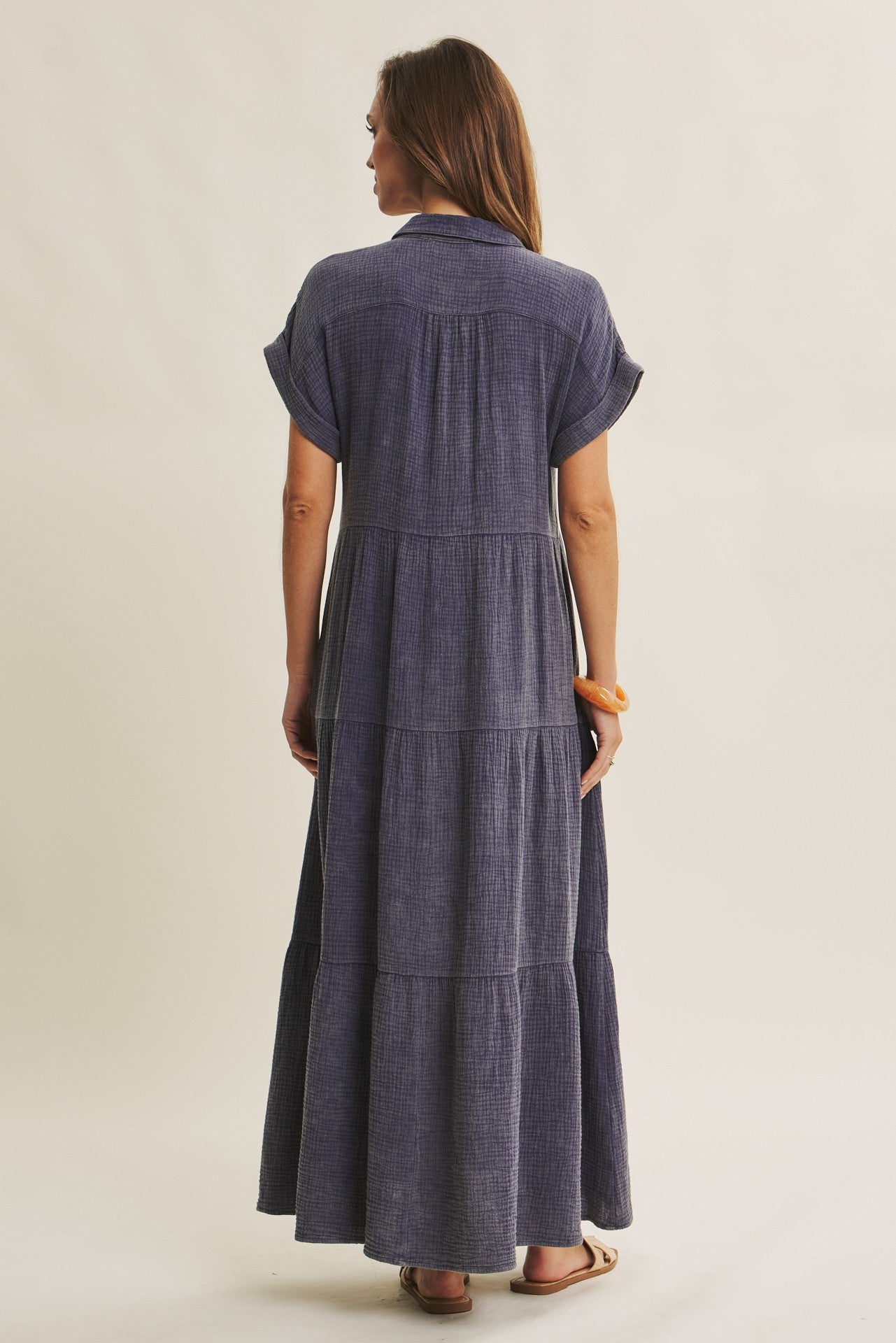 Navy Breezy Mineral-Washed Gauze Maxi Shirt Dress