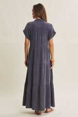 Navy Breezy Mineral-Washed Gauze Maxi Shirt Dress