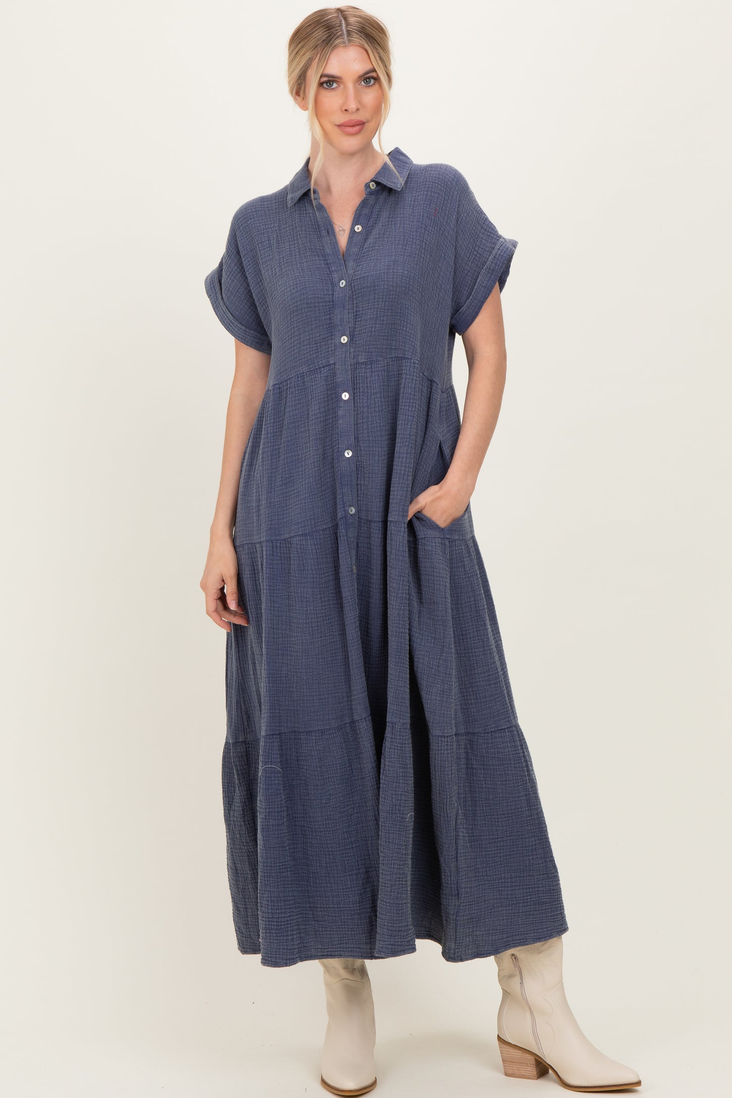 Navy Breezy Mineral-Washed Gauze Maxi Shirt Dress
